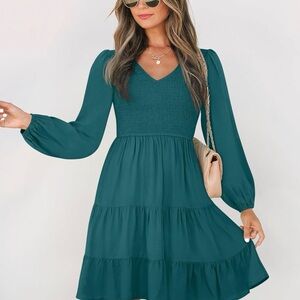 Teal V-Neck Smocked Bodice Tiered Mini Dress